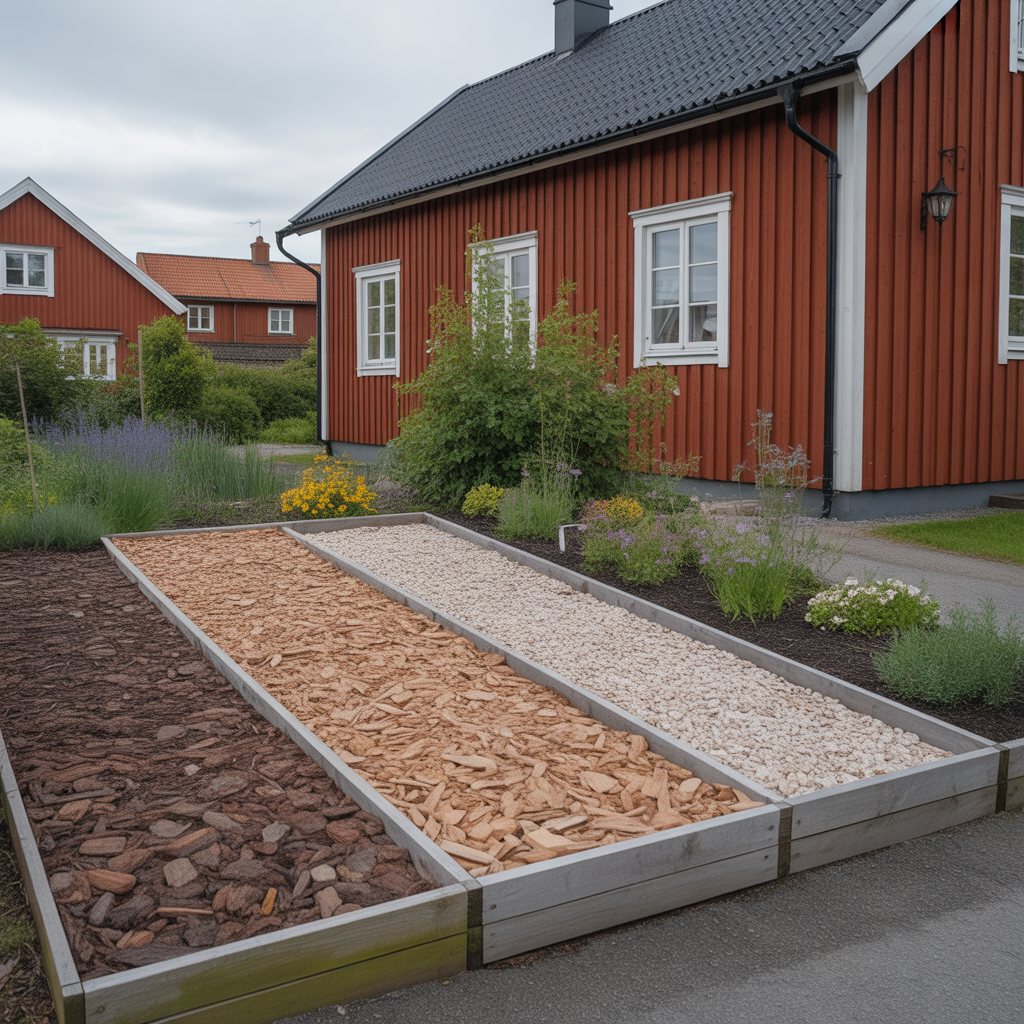 marktackning i rabatter jamfor bark flis och dekorsten